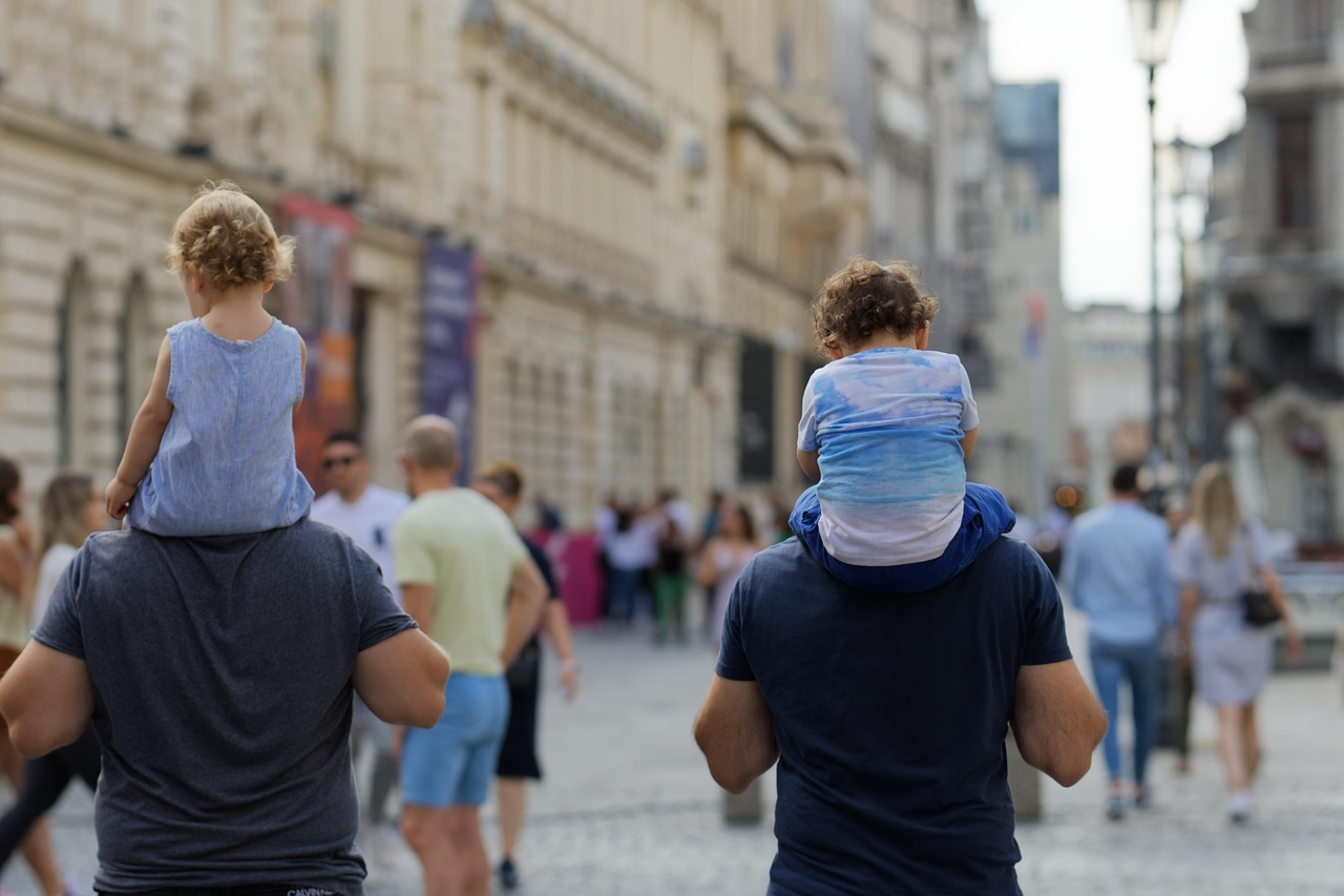 people, walking, promenade, children, street, urban, relaxation, weekend, men, fathers, family, snapshot, old town, city, capital